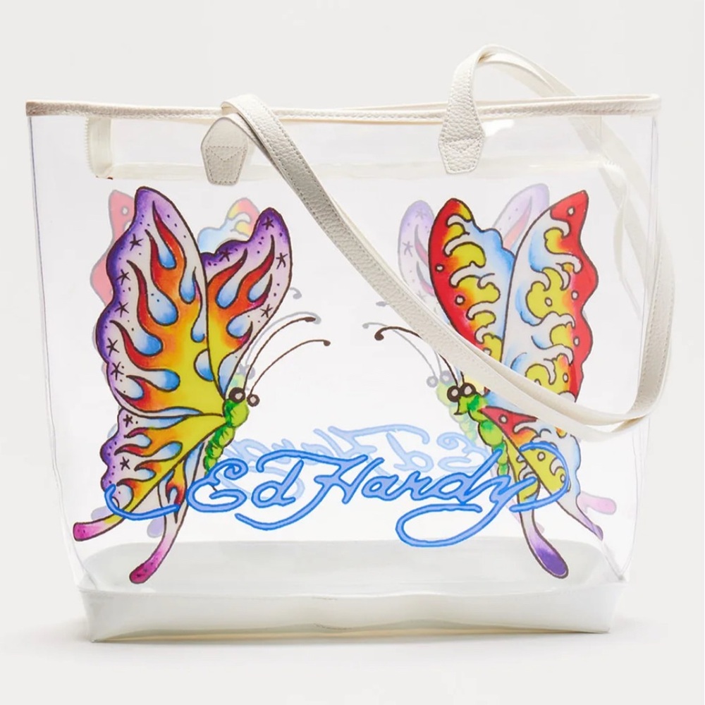Ed Hardy Butterfly Clear Large Tote Bag - Purple/Combo ~ NWT